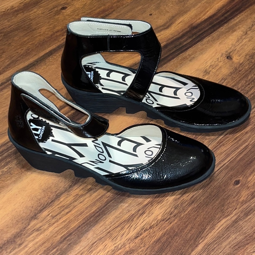 Fly London Black Patent Leather Strappy Wedge Shoes